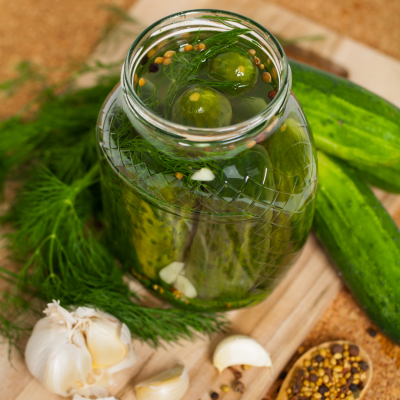 Pickles i a jar with dill, garlic and spices surrounding the jar.